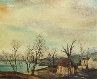 Otto Rudolf Schatz, Landschaft mit Kapelle und See, um 1938, Kaseintempera,  Japanlack auf Holz ...