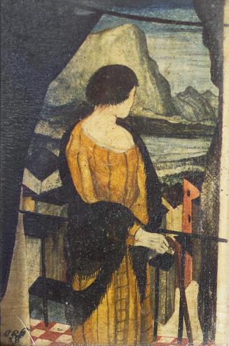 Otto Rudolf Schatz, Mittelalterliches Motiv einer Frau vor einer Landschaft, 1938, Kaseintemper ...