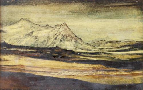 Otto Rudolf Schatz, Zwei Bergspitzen und Ebene, 1931, Kaseintempera,  Japanlack auf Holz, 11,5  ...