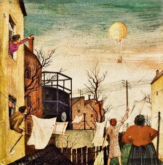 Otto Rudolf Schatz, Hinterhof mit Heissluftballon, 1944, Aquarell/Kasein/Japanlack auf Karton,  ...