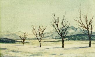 Otto Rudolf Schatz, Schneelandschaft mit vier kahlen Bäumen und Bergspitzen, um 1940, Kaseintem ...