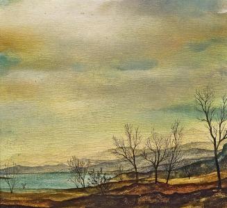 Otto Rudolf Schatz, Landschaft mit See, um 1938, Kaseintempera,  Japanlack auf Holz, 23,5 × 26, ...