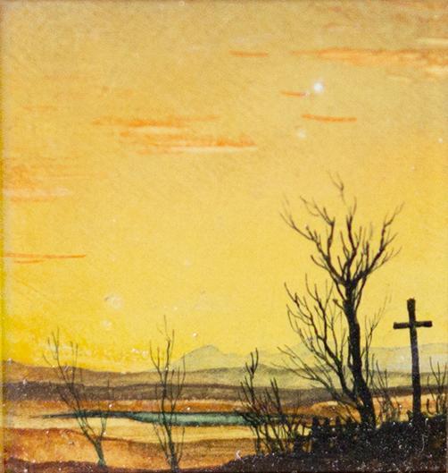 Otto Rudolf Schatz, Abendrot in einer Berglandschaft mit Kreuz, um 1944, Aquarell / Kasein / Ja ...