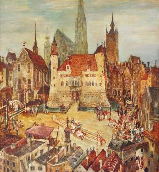 Otto Rudolf Schatz, Turnier in Wien, um 1940 / 41, Kaseintempera, Japanlack auf Holz, 26,5 × 20 ...