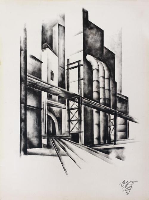 Otto Rudolf Schatz, Fabrik, 1929, Druckerschwärze auf Papier, 66 × 50 cm, Sammlung Pabst, Öster ...