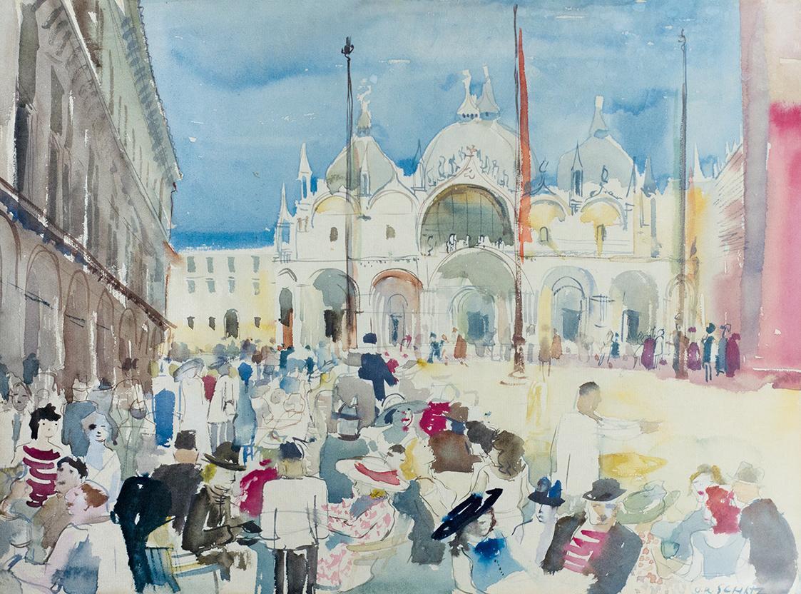 Otto Rudolf Schatz, Venedig, Café Quadri am Marcusplatz, 1935/36, Aquarell auf Papier, 35 × 45, ...