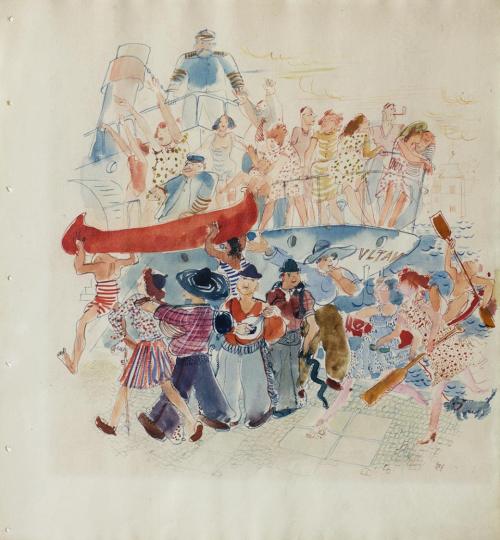 Otto Rudolf Schatz, Badeschiff auf der Moldau, 1944, Aquarell auf Papier, 40,7 × 36,5 cm, Priva ...