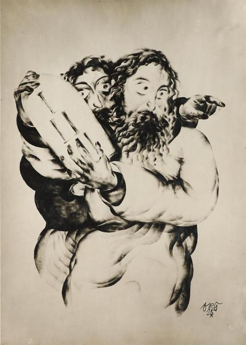 Otto Rudolf Schatz, Moses mit der Gesetztestafel, 1925, Druckerschwärze auf Papier, 65,5 × 50 c ...