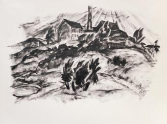 Otto Rudolf Schatz, Fabrik in einer Landschaft, 1922, Druckerschwärze, Bleistift auf Papier, 50 ...
