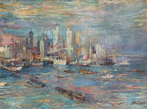 Otto Rudolf Schatz, Blick auf Downtown Manhattan, New York, um 1952, Öl auf Karton, 45,2 × 59,5 ...