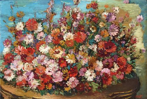 Otto Rudolf Schatz, Großes Blumenstillleben, um 1957, Öl auf Holz, 49 × 70 cm, Kunsthandel Seit ...