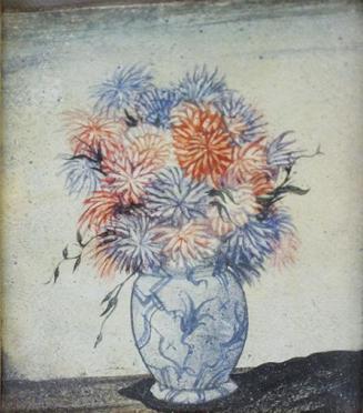 Otto Rudolf Schatz, Dahlien in Vase, um 1937, Kaseintempera, Japanlack auf Holz, 7 × 5,5 cm, Pr ...