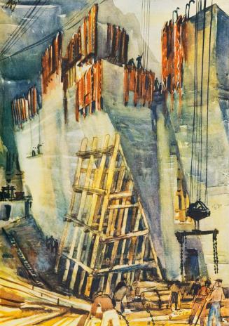 Otto Rudolf Schatz, Die Staumauer wächst, 1949, Aquarell auf Papier, 49 × 34,5 cm, Privatbesitz