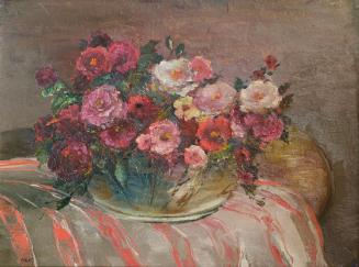 Otto Rudolf Schatz, Blumen auf rot-weiß gestreiftem Tischtuch, um 1946, Öl auf Papier, 31,5 × 4 ...