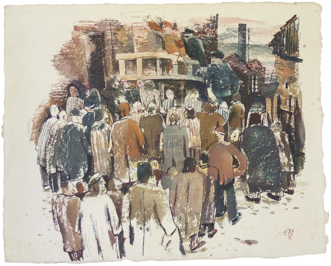 Otto Rudolf Schatz, Ansprache eines Nazischergen vor KZ Hätlingen, 1946, Gouache auf Papier, 35 ...