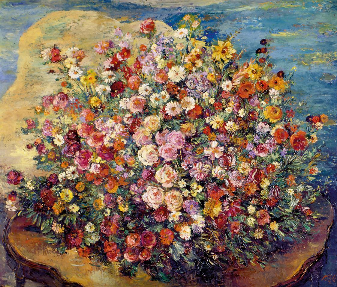 Otto Rudolf Schatz, Blumenbouquet, um 1960, Öl auf Leinwand, 110 × 125 cm, Wien Museum MUSA, In ...