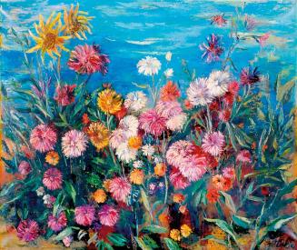 Otto Rudolf Schatz, Wilder Garten mit Dahlien und Sonnenblumen, 1953, Öl auf Leinwand, 110 × 12 ...