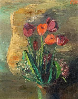 Otto Rudolf Schatz, Blumenvase mit Tulpen und Maiglöckchen, 1936 / 1937, Öl auf Holz, 51,5 × 41 ...