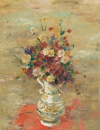 Otto Rudolf Schatz, Blumenvase auf rotem Tischtuch, 1936 / 1937, Öl auf Holz, 64,5 × 49,8 cm