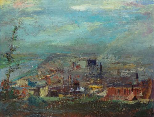 Otto Rudolf Schatz, Blick vom Nussberg auf Wien, um 1955, Öl auf Holz, 56 × 72,3 cm, Privatbesi ...