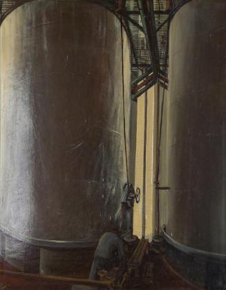 Otto Rudolf Schatz, Kesselraum in der Brauerei Mautner-Markhof, 1928, Öl auf Holz, 54,5 × 42 cm ...