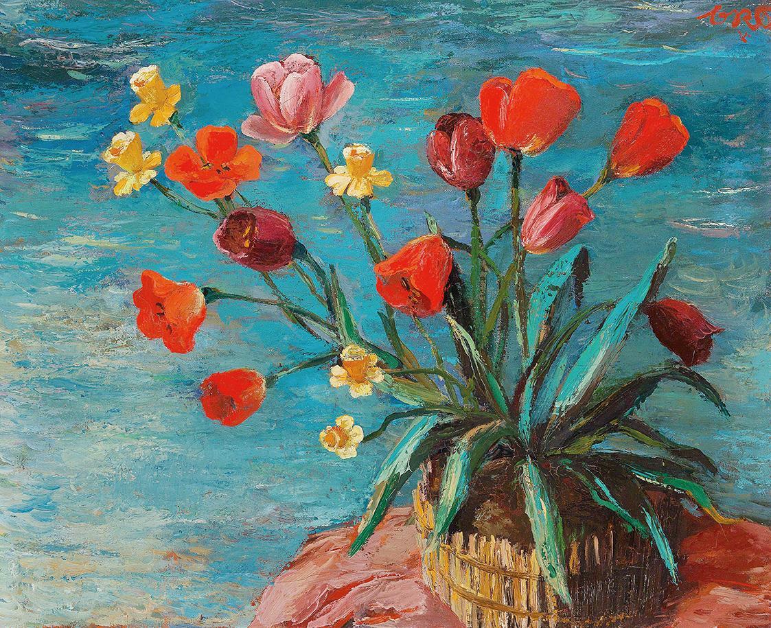 Otto Rudolf Schatz, Korb mit Tulpen und Narzissen, um 1950, Öl auf Leinwand, 65 × 78 cm, Unbeka ...