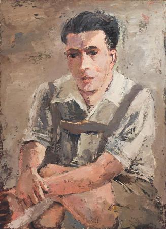 Otto Rudolf Schatz, Porträt eine jungen Mannes in Lederhosen, um 1946, Öl auf Holz, 72,3 × 52,3 ...