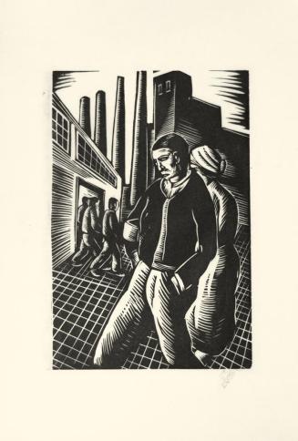 Otto Rudolf Schatz, Arbeiter vor der Fabrik, 1927, Holzschnitt, Blattmaße: 31,4 × 21 cm, Privat ...