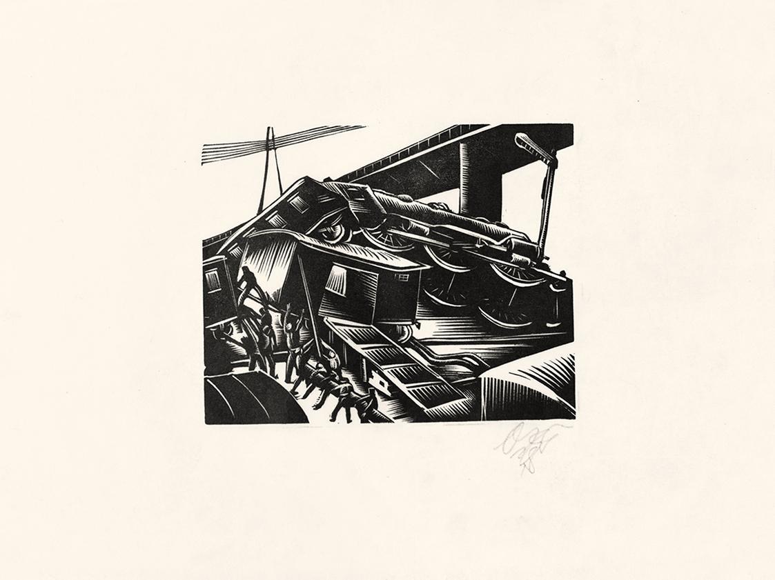 Otto Rudolf Schatz, Eisenbahnunglück, 1928, Holzschnitt, Blattmaße: 21,5 × 31,2 cm, Privatbesit ...