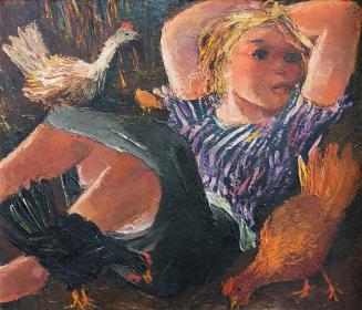 Otto Rudolf Schatz, Mädchen mit Hühnern, um 1947, Öl auf Holz, 51,2 × 60,5 cm, Privatbesitz