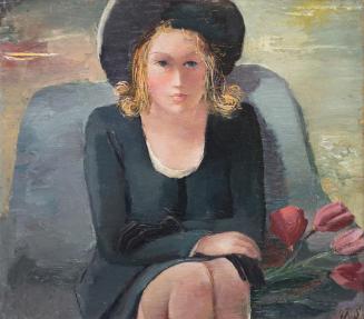 Otto Rudolf Schatz, Witwe mit Tulpen, um 1946, Öl auf Karton, 60 × 70 cm, Privatbesitz