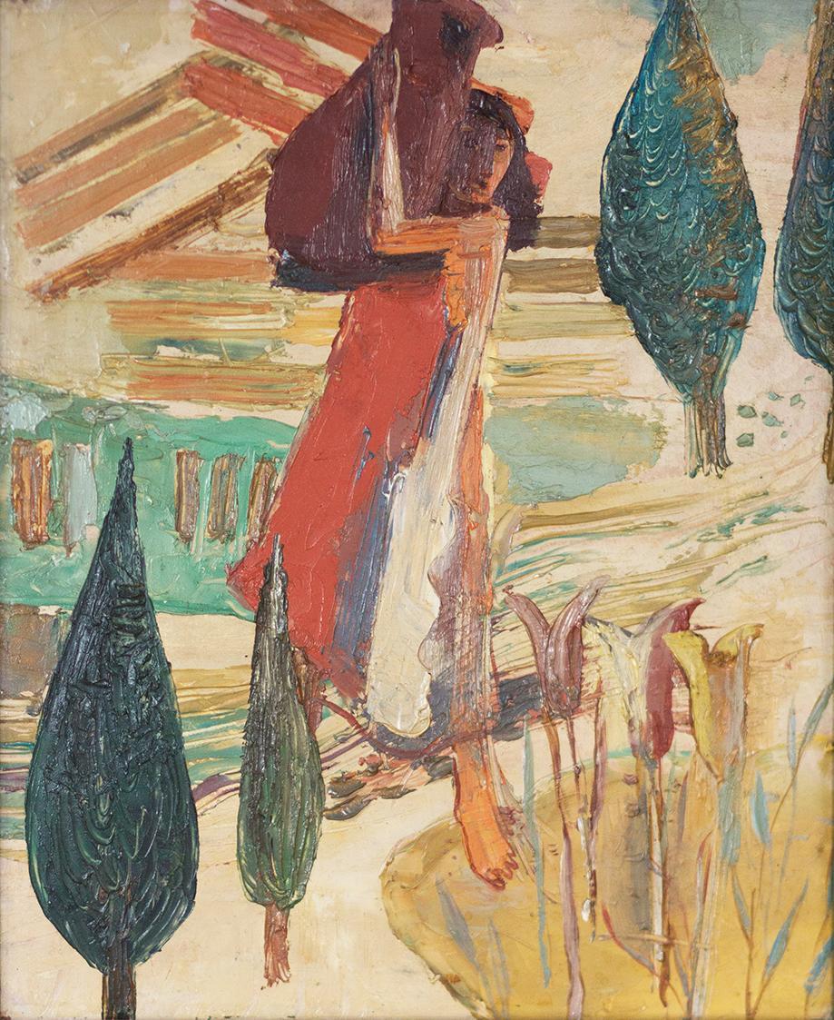 Otto Rudolf Schatz, Frau mit Krug, um 1947, Öl auf Holz, 34,2 × 28 cm, Privatbesitz