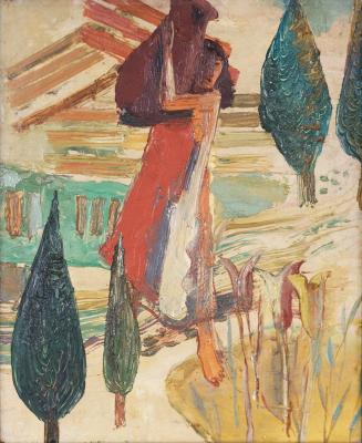 Otto Rudolf Schatz, Frau mit Krug, um 1947, Öl auf Holz, 34,2 × 28 cm, Privatbesitz