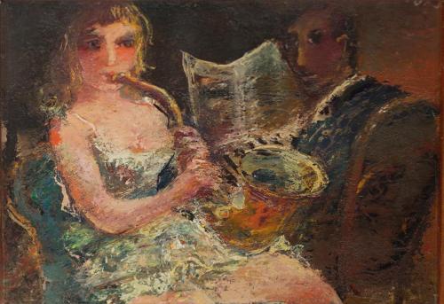 Otto Rudolf Schatz, Saxophonspielerin, um 1947, Öl auf Holz, 25,7 × 35 cm, Privatbesitz