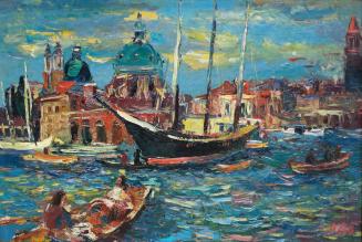 Otto Rudolf Schatz, Venedig, Boote vor Santa Maria della Salute, um 1959, Öl auf Karton, 45,5 × ...