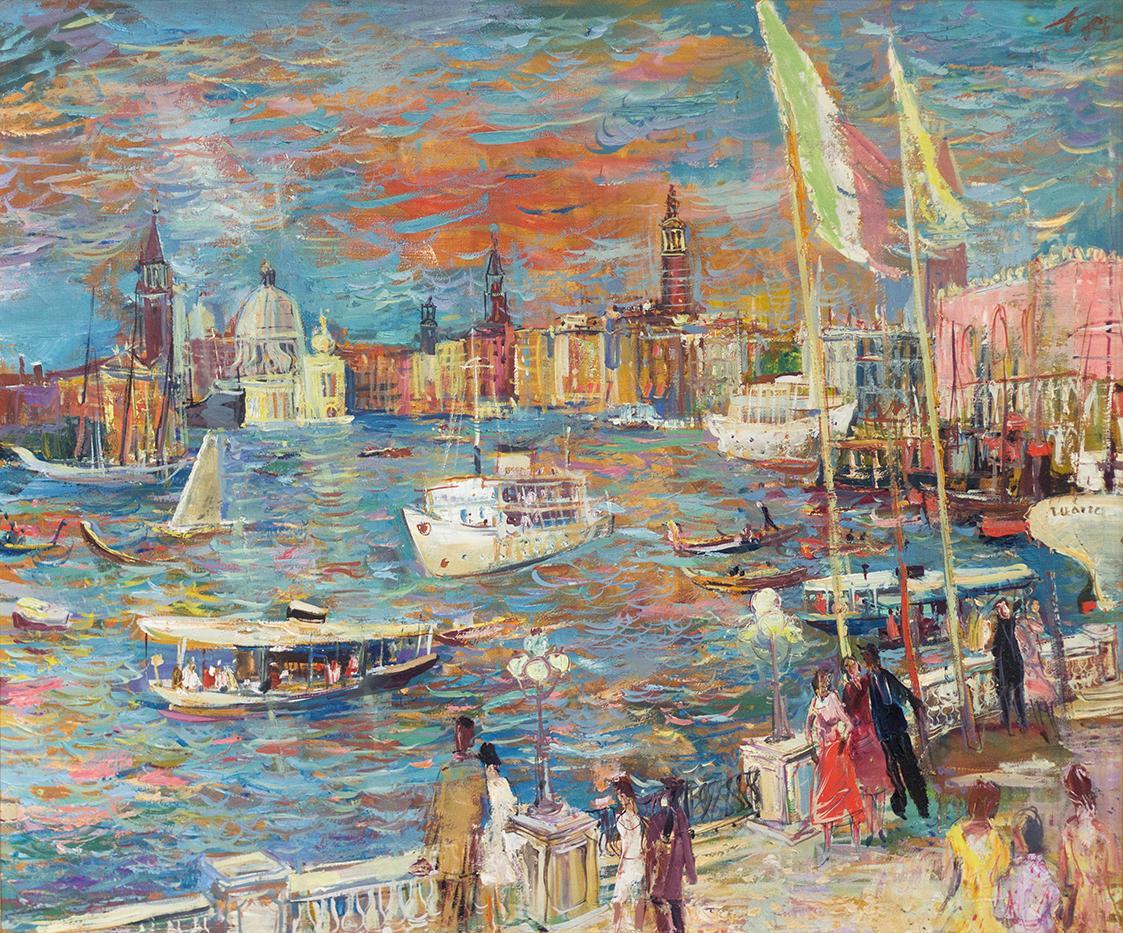 Otto Rudolf Schatz, Blick vom Markusplatz zur Punta della Dogana in Venedig, um 1955, Öl auf Le ...