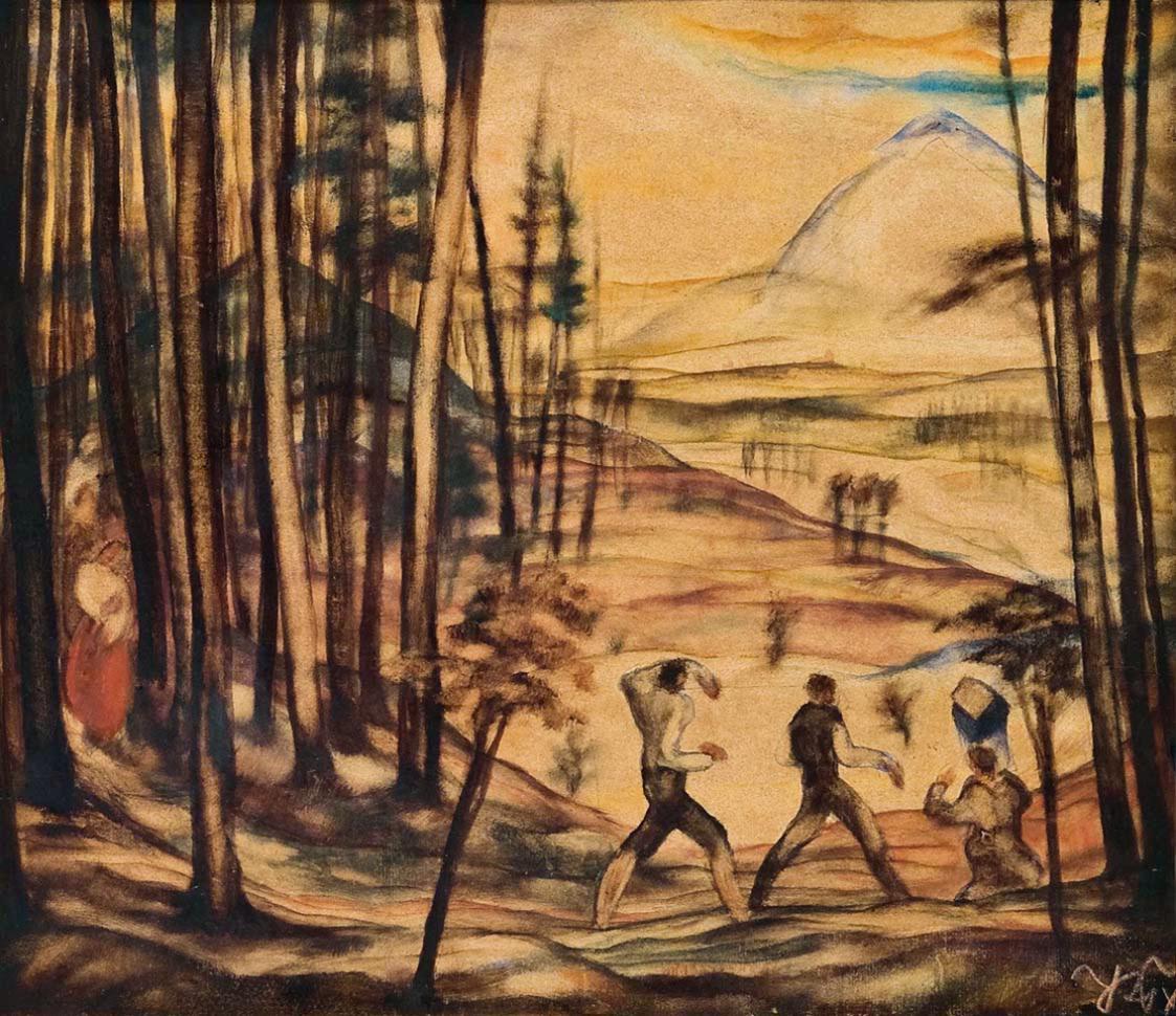 Otto Rudolf Schatz, Holzfäller, um 1921, Aquarell auf Karton, 34 × 38,5 cm, Privatbesitz