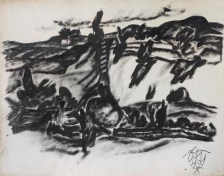 Otto Rudolf Schatz, Flusslandschaft mit Brücke, 1922, Druckerschwärze, schwarze Kreide auf Papi ...
