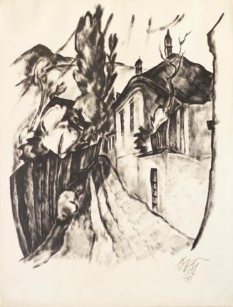 Otto Rudolf Schatz, Steile Gasse, 1923, Druckerschwärze auf Papier, 65,8 × 50 cm, Privatbesitz