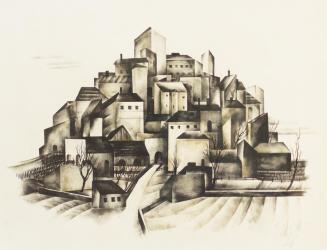 Otto Rudolf Schatz, Stadt am Hügel, 1929, Druckerschwärze, laviert, Bleistift auf Papier, 49,3  ...