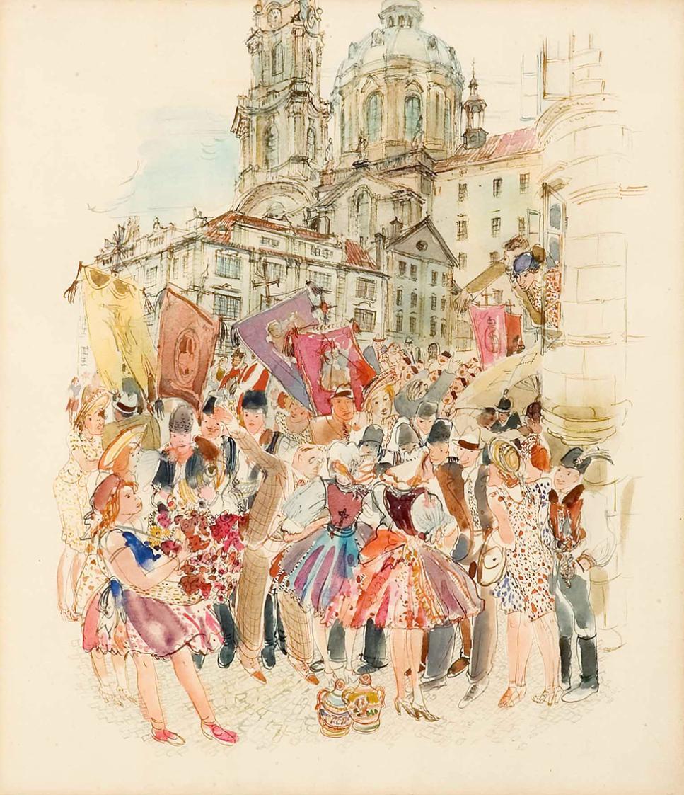 Otto Rudolf Schatz, Fronleichnam in Prag bei der Nikolai Kirche, 1944, Feder in Tusche, Aquarel ...