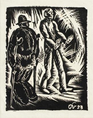 Otto Rudolf Schatz, Kriegsversehrter und Kamerad am Feuer, 1923, Holzschnitt, Blattmaße: 22,2 × ...