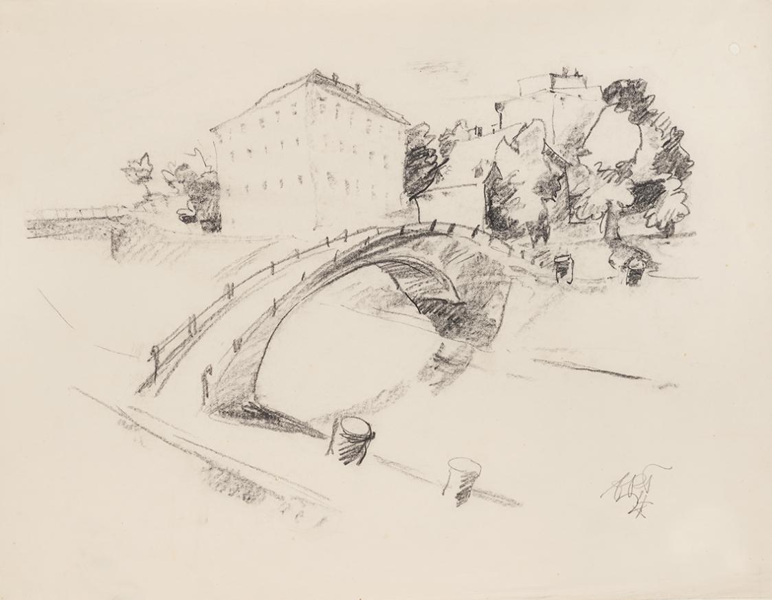 Otto Rudolf Schatz, Die Brücke, 1924, Kohle auf Papier, 47 × 60,5 cm, Leopold Museum-Privatstif ...