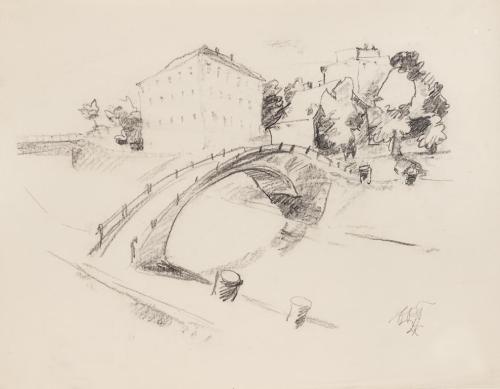 Otto Rudolf Schatz, Die Brücke, 1924, Kohle auf Papier, 47 × 60,5 cm, Leopold Museum-Privatstif ...