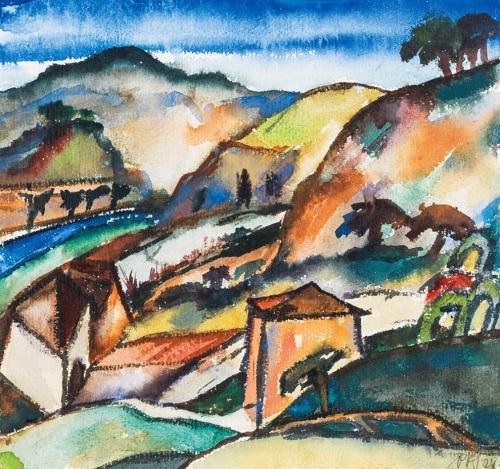 Otto Rudolf Schatz, Flusslandschaft mit Befestigungsanlage, 1924, Aquarell auf Papier, 31 × 33, ...