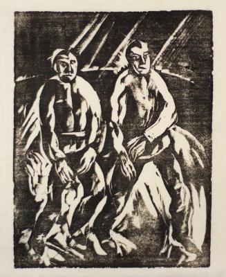 Otto Rudolf Schatz, Aufbruch von zwei Vagabunden im Morgengrauen, 1932, Holzschnitt, Blattmaße: ...