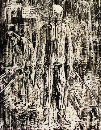 Otto Rudolf Schatz, Zwangsarbeiter im KZ, 1945, Holzschnitt, 98 × 61,3 cm, Privatbesitz Wien