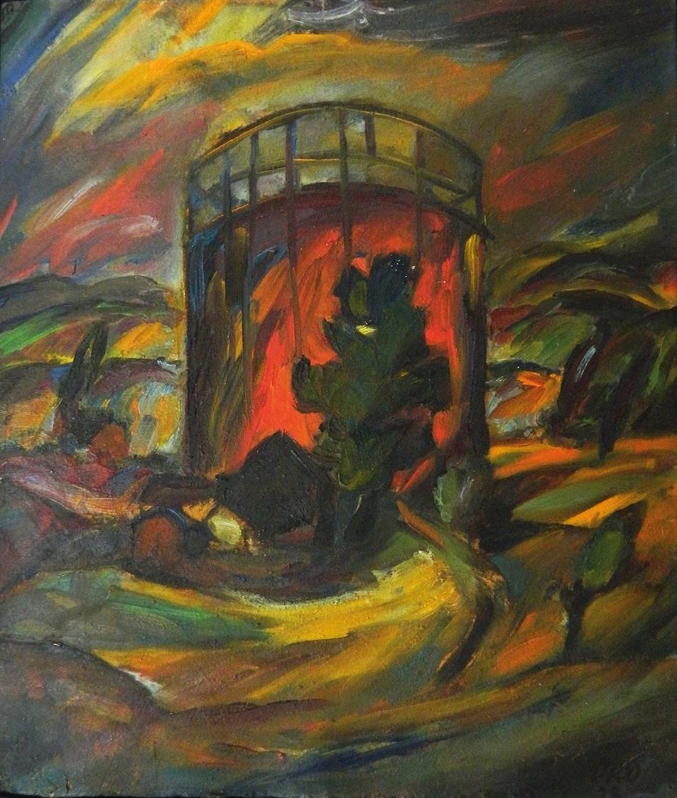 Otto Rudolf Schatz, Gasometer, 1922, Öl auf Karton, 35,8 × 31 cm, Museum Moderner Kunst Wörlen, ...