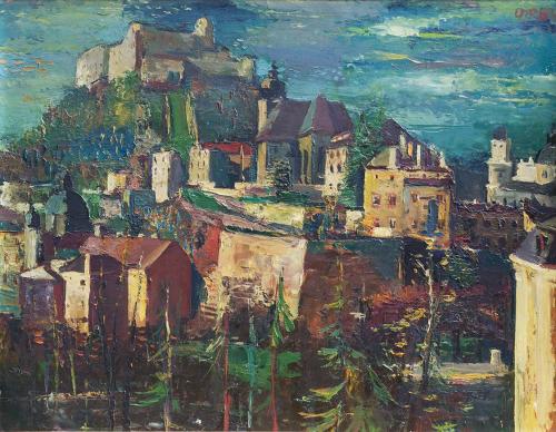 Otto Rudolf Schatz, Salzburg vom Kapuzinerberg, 1954, Öl auf Holz, Privatbesitz