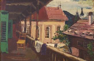 Otto Rudolf Schatz, Veranda im Salzkammergut, um 1948, Öl auf Holz, 26,5 × 39,5 cm, Privatbesit ...